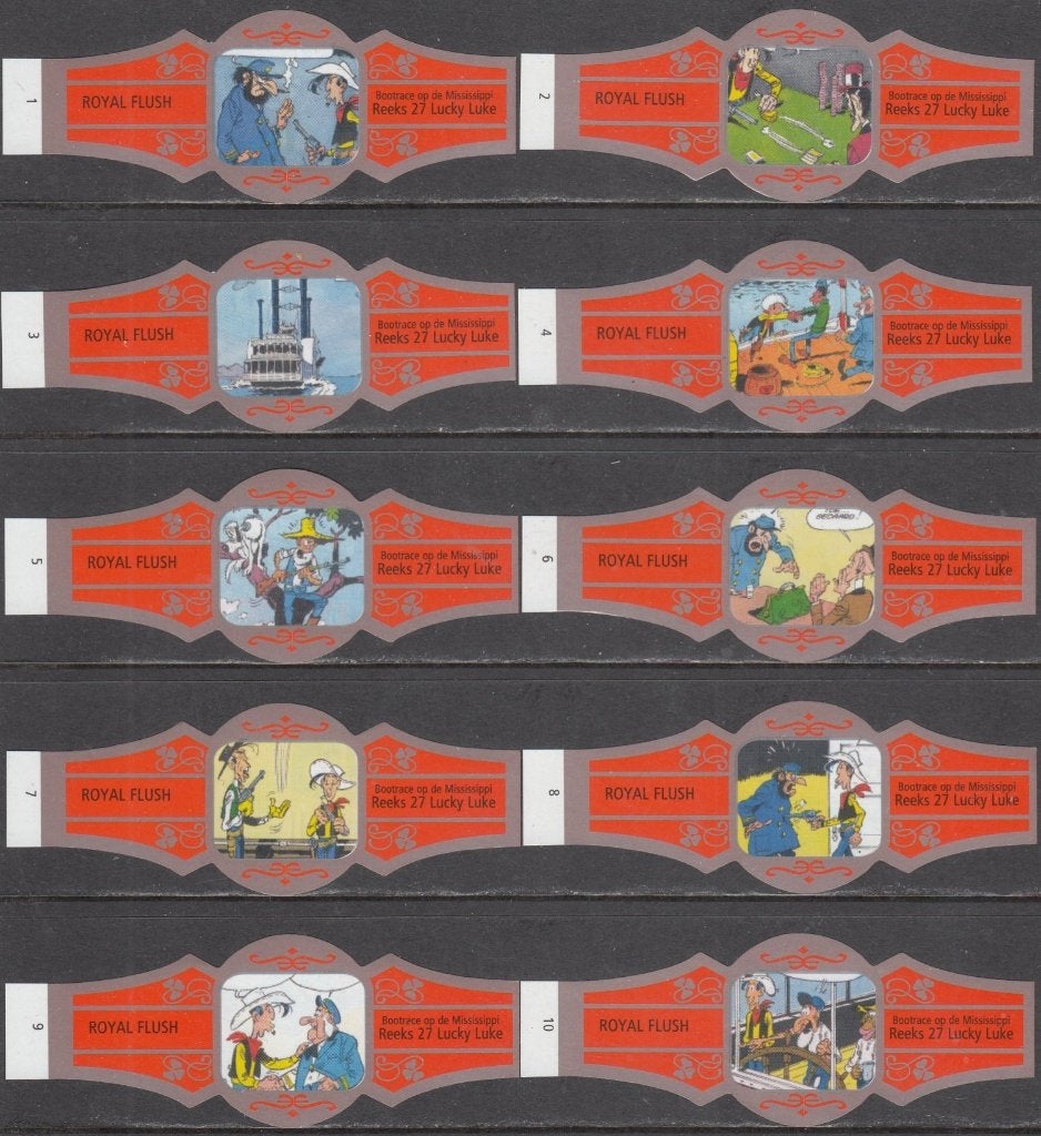 Sigarenbanden Lucky Luke Bootrace op de Mississippi, RF 1-10, Ophalen of Verzenden, Nieuw, Sigarenbandjes