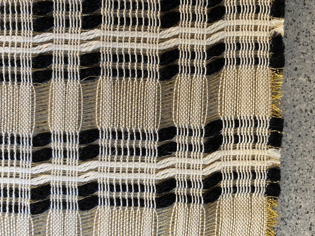 Kvadrat Sahco vitragestof roomwit/goud/zwart; 2,15 meter, Overige materialen, Meerkleurig, 120 cm of meer, Ophalen of Verzenden