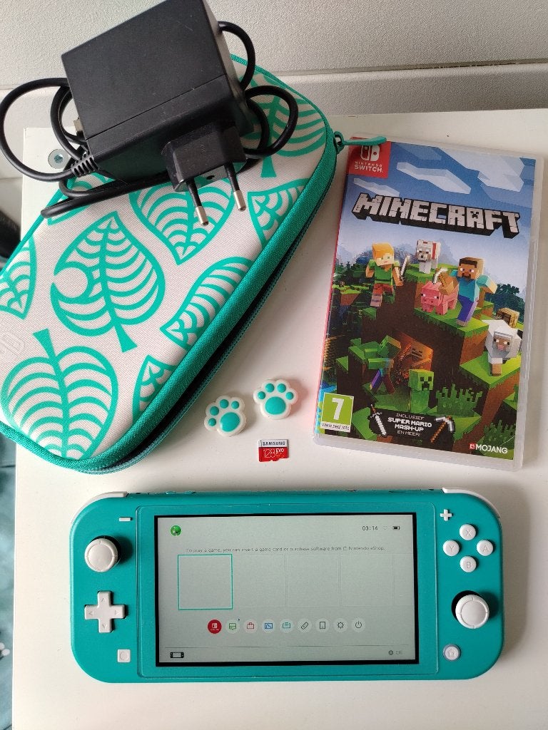 Nintendo Switch Lite Turkoois + Minecraft + 128GB & Case, Ophalen of Verzenden, Turquoise, Zo goed als nieuw, Met beschermhoes of tas