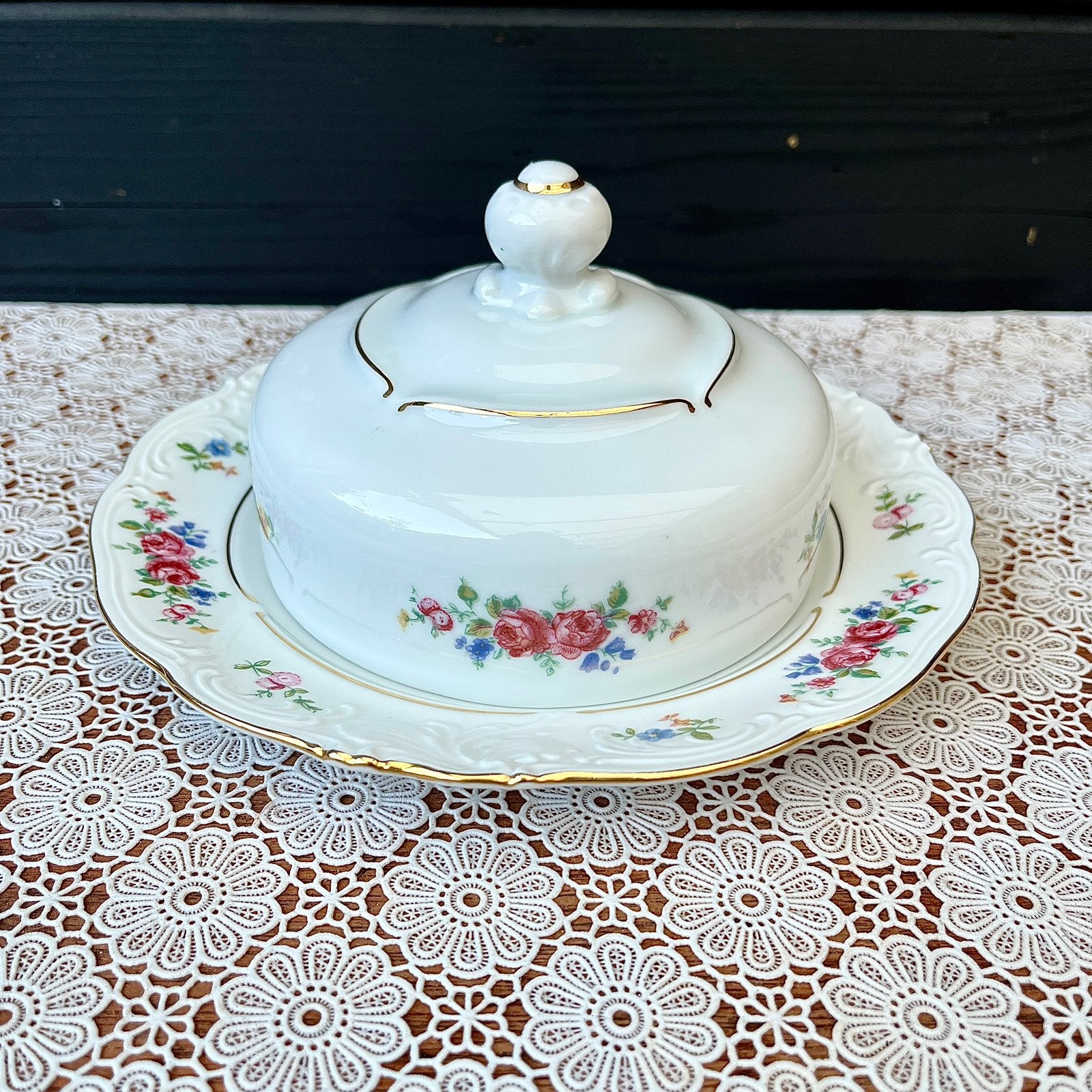 Vintage Pools porseleinen botervloot met romantische bloemen, Ophalen of Verzenden