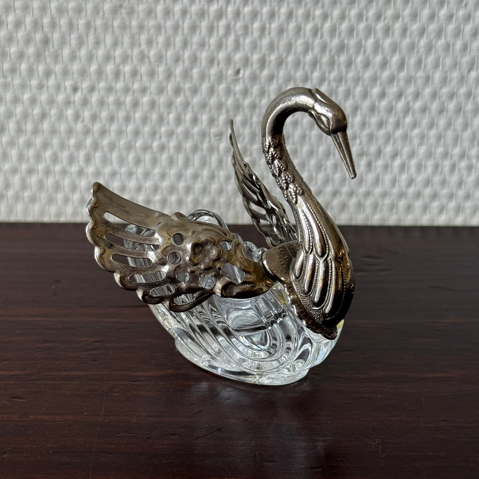 Vintage Verzilverd Zwaantje met Kristallen Bakje, Zoutbakje, Antiek en Kunst, Ophalen of Verzenden