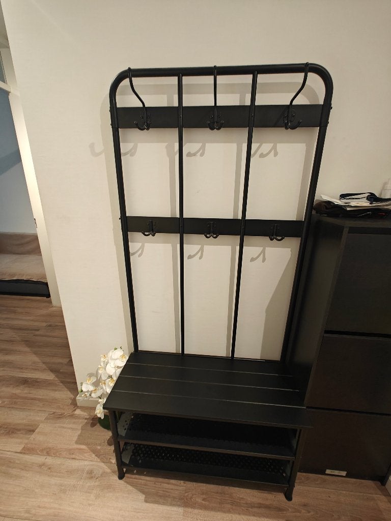 IKEA PINNIG kapstok met bank en schoenenrek – zwart, Zo goed als nieuw, Metaal, 150 tot 200 cm, Ophalen