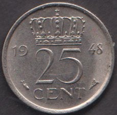 25 cent.1948 nikkel   ADV. no.38 S., Verzenden, Koningin Wilhelmina, 25 cent, Losse munt