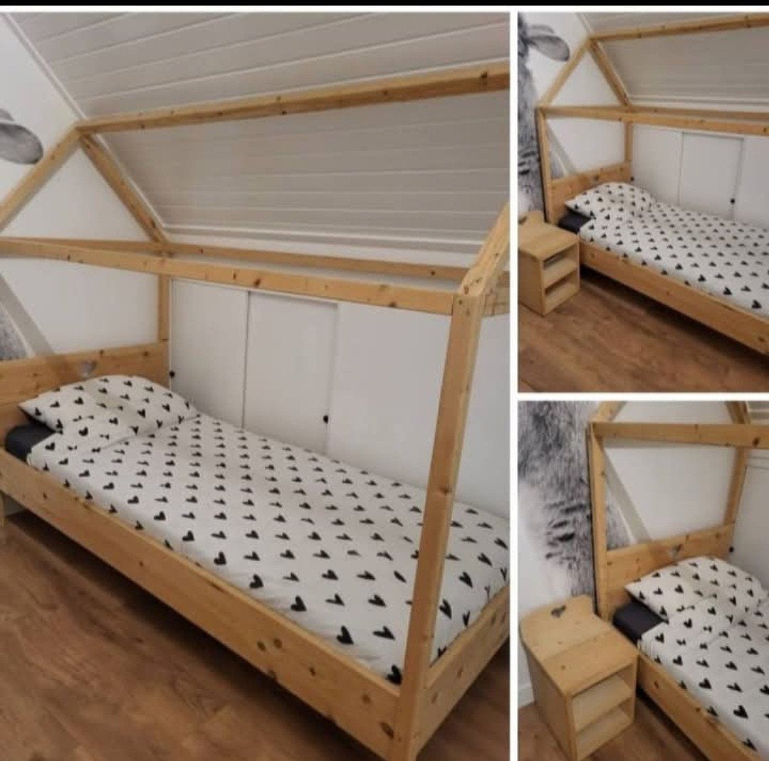 1 persoons bed, huisje, met matras, Ophalen, Eenpersoons, Hout, 90 cm