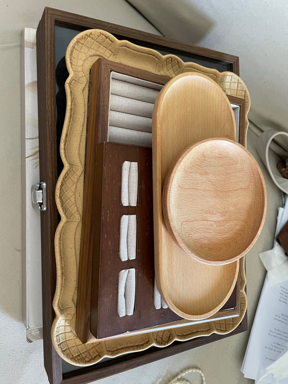 Sieraden organizer set met houten trays en ringhouder, Ophalen, Gebruikt