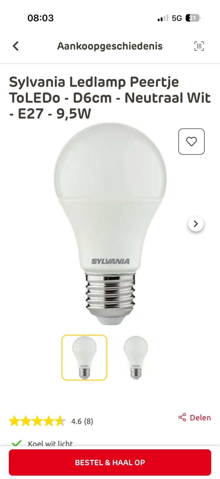 Nieuw 2x Sylvania Ledlamp Peertje ToLEDo E27, Ophalen of Verzenden, Zo goed als nieuw, E27 (groot), Led-lamp
