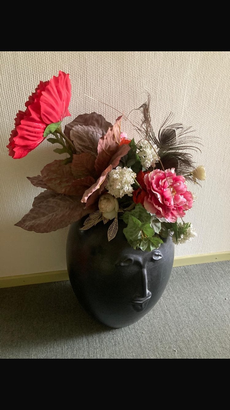 Gezichtsvaas met decoratief bloemstuk, Zo goed als nieuw, 52 cm, Bloemstuk, Ophalen