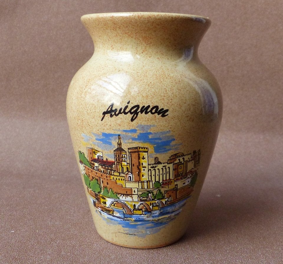 Grès vaasje vintage souvenirvaasje Avignon Gres keramiek, Gebruikt, Overige kleuren, Aardewerk of Porselein, Ophalen of Verzenden