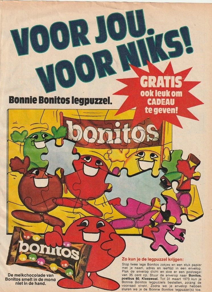Retro reclame 1973 Bonitos chocolade Klaaswaal puzzel actie, Verzamelen, Verzenden, Overige typen