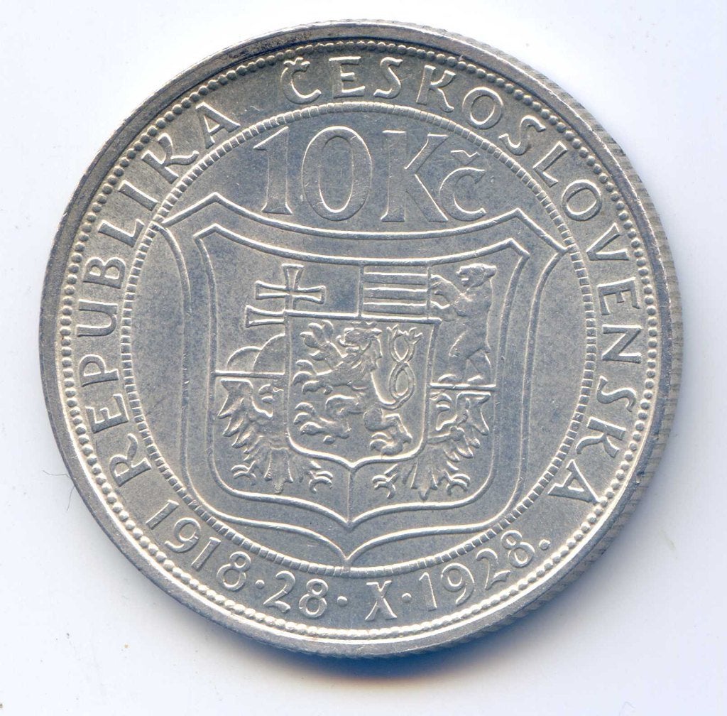 Tsjechoslowakije 10	Korun 1928 UNC-, Ophalen of Verzenden, Overige landen, Zilver