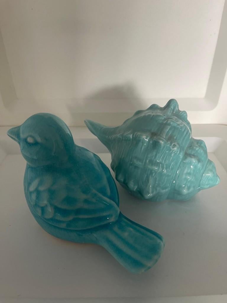 Set turquoise keramiek vogel + schelp crackle  decoratie, Verzamelen, Beelden en Beeldjes, Ophalen of Verzenden, Zo goed als nieuw