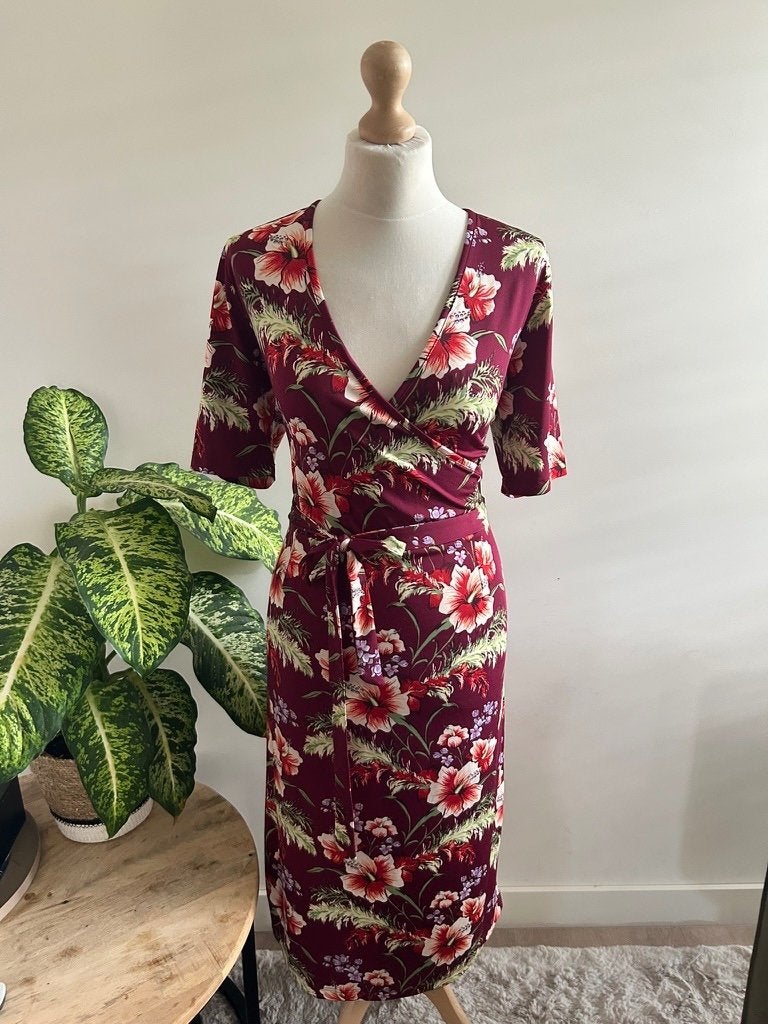 King Louie maat XL bloemen cross jurk 3418, Maat 46/48 (XL) of groter, Ophalen of Verzenden, Zo goed als nieuw, Knielengte