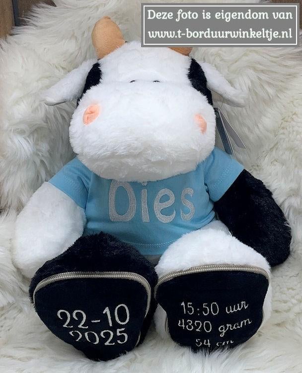 Geboorte knuffel Koe 45 CM geborduurd met naam & datum, Ophalen of Verzenden, Nieuw, Kraamcadeau