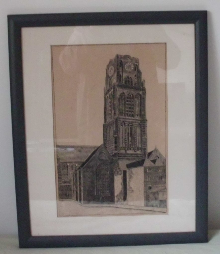 Pen/ potlood tekening  Laurenskerk  Rotterdam ., Antiek en Kunst, Ophalen of Verzenden, Tekening, Pentekening, Achter glas