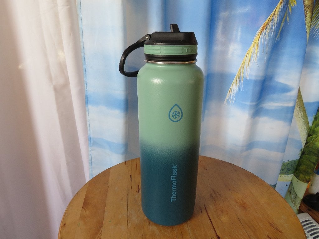 turqoise kleurverloop waterfles met rietje 1,2 l ThermoFlask, Ophalen of Verzenden, Gebruikt