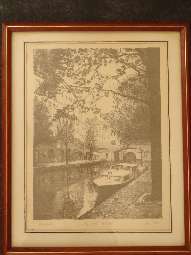 steendruk Oude Gracht met boot Utrecht monogram GP, 1983, Antiek en Kunst, Kunst | Litho's en Zeefdrukken, Origineel, Verzenden