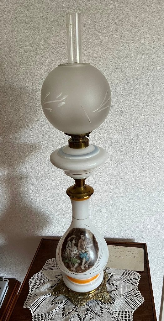 Oude olielamp - staande tafellamp, Ophalen, Gebruikt, Vintage, Glas