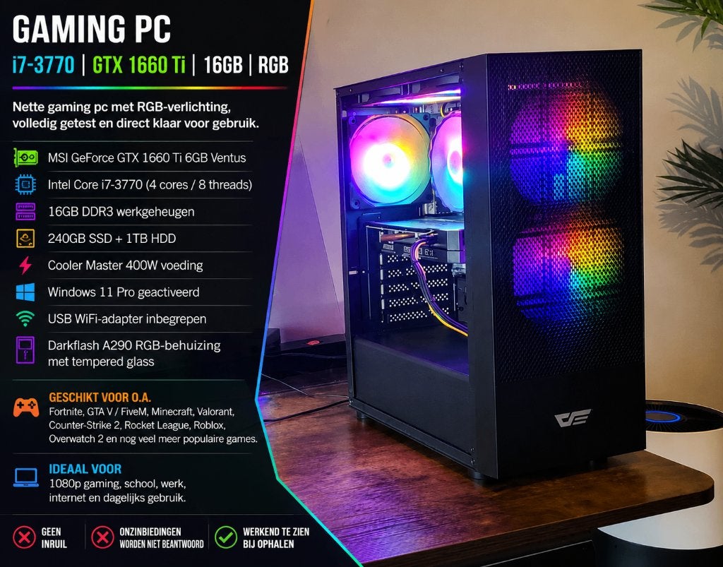 Gaming PC | i7-3770 | GTX 1660 Ti 6GB | 16GB | RGB, Refurbished, Ophalen of Verzenden, Gaming, HDD