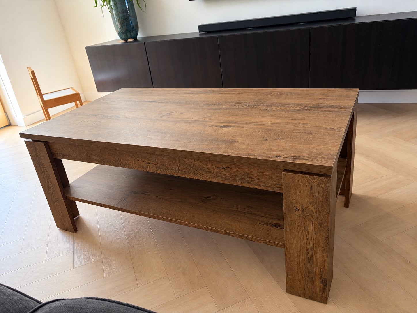 Salontafel VEDDE 60x110 met schap, wild donker eiken, Ophalen, 100 tot 150 cm, Eikenhout, 50 tot 100 cm
