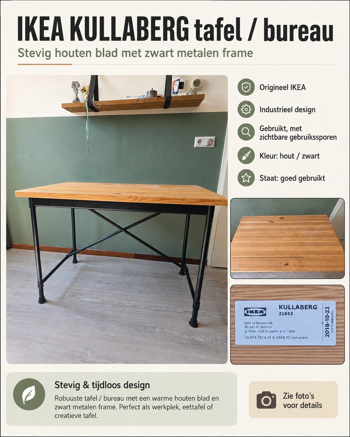 IKEA KULLABERG tafel/bureau: binnen 2 dagen ophalen, Ophalen, Gebruikt, 75 cm of meer, 60 cm of meer