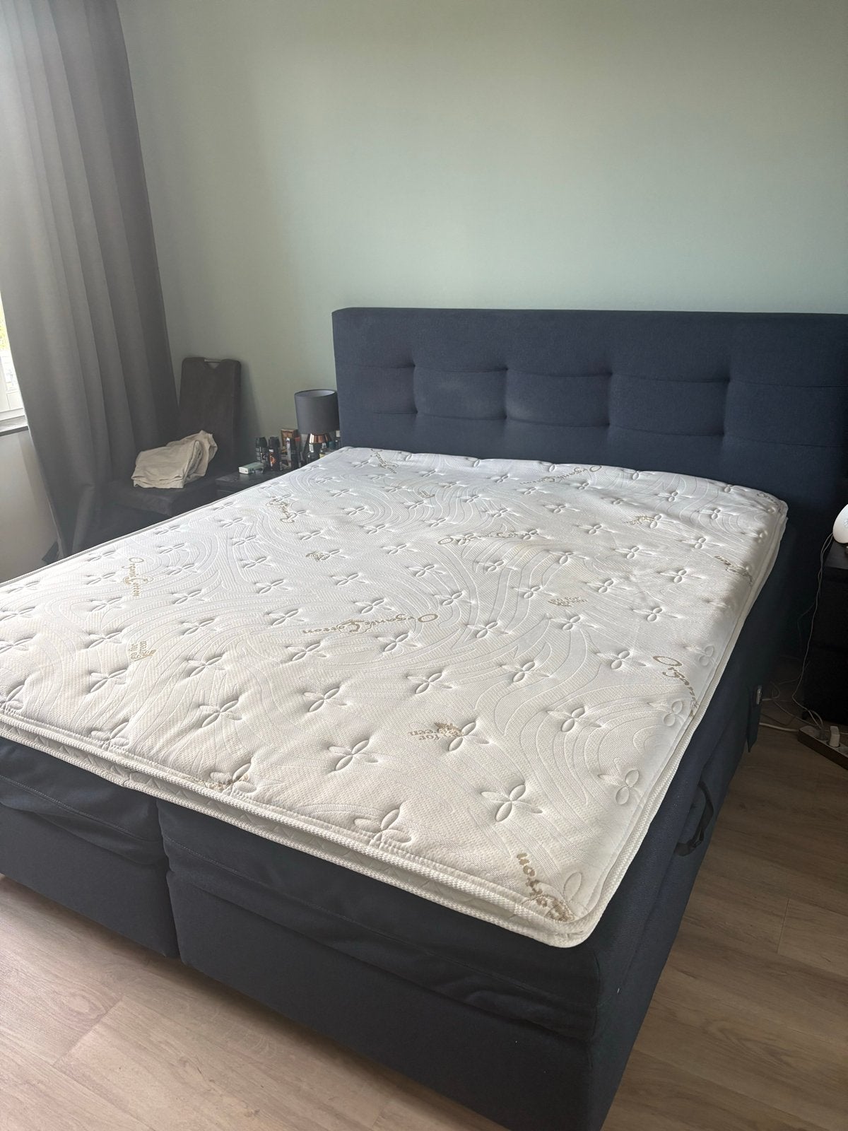 Tweepersoons boxspring 180x210 met verstelbare bodems, Ophalen, Blauw, 210 cm, Tweepersoons