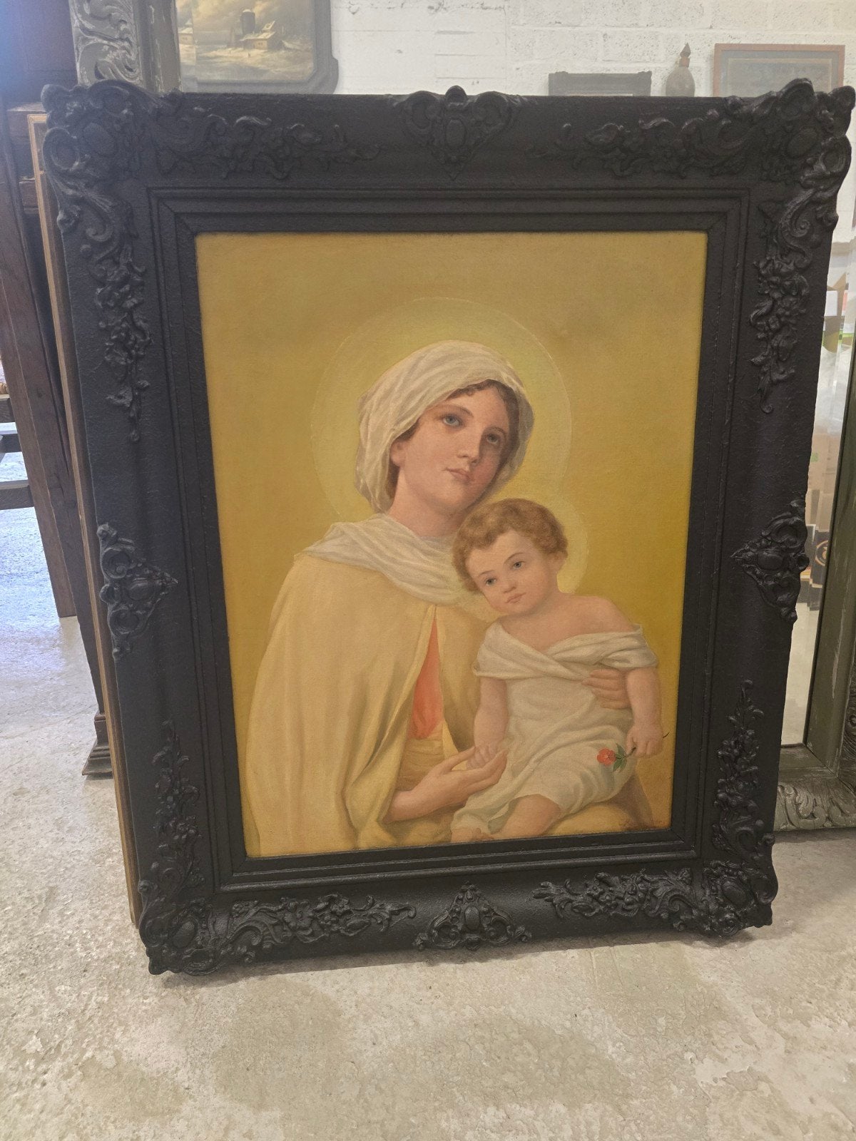Schilderij antiek Madonna met kind, Antiek en Kunst, Kunst | Schilderijen | Klassiek, Ophalen, Doek, Portret of Personen, Olieverf