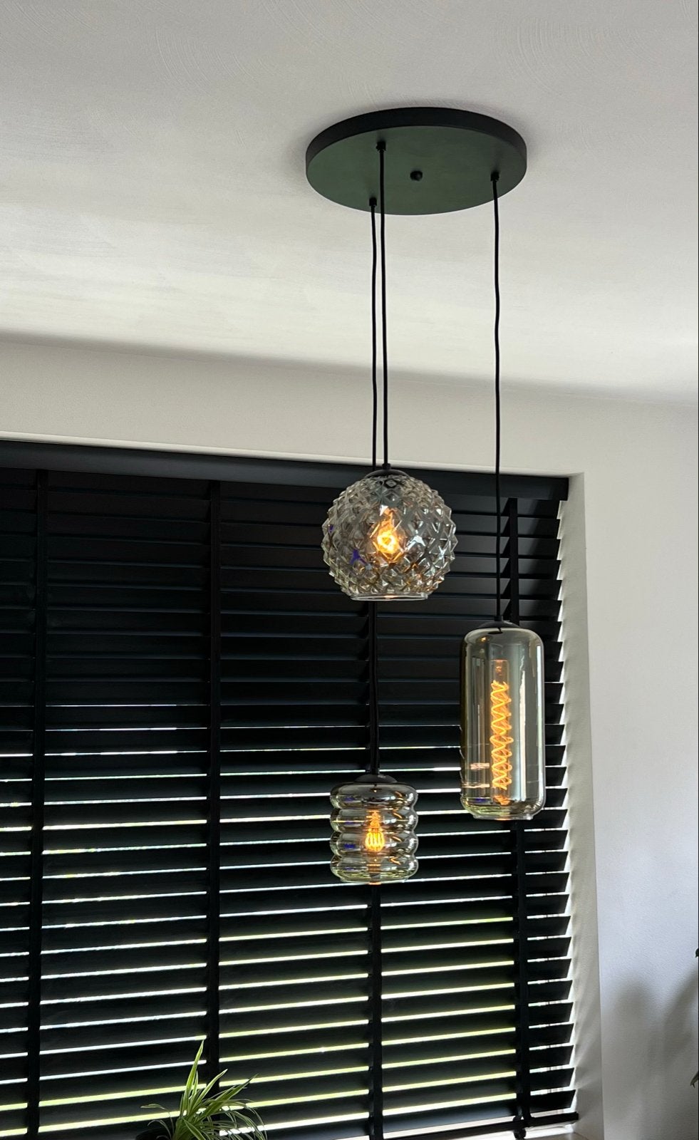 Hanglamp plafond 3 kappen glas, rookglas, Ophalen, Zo goed als nieuw, Glas, E27 (groot)
