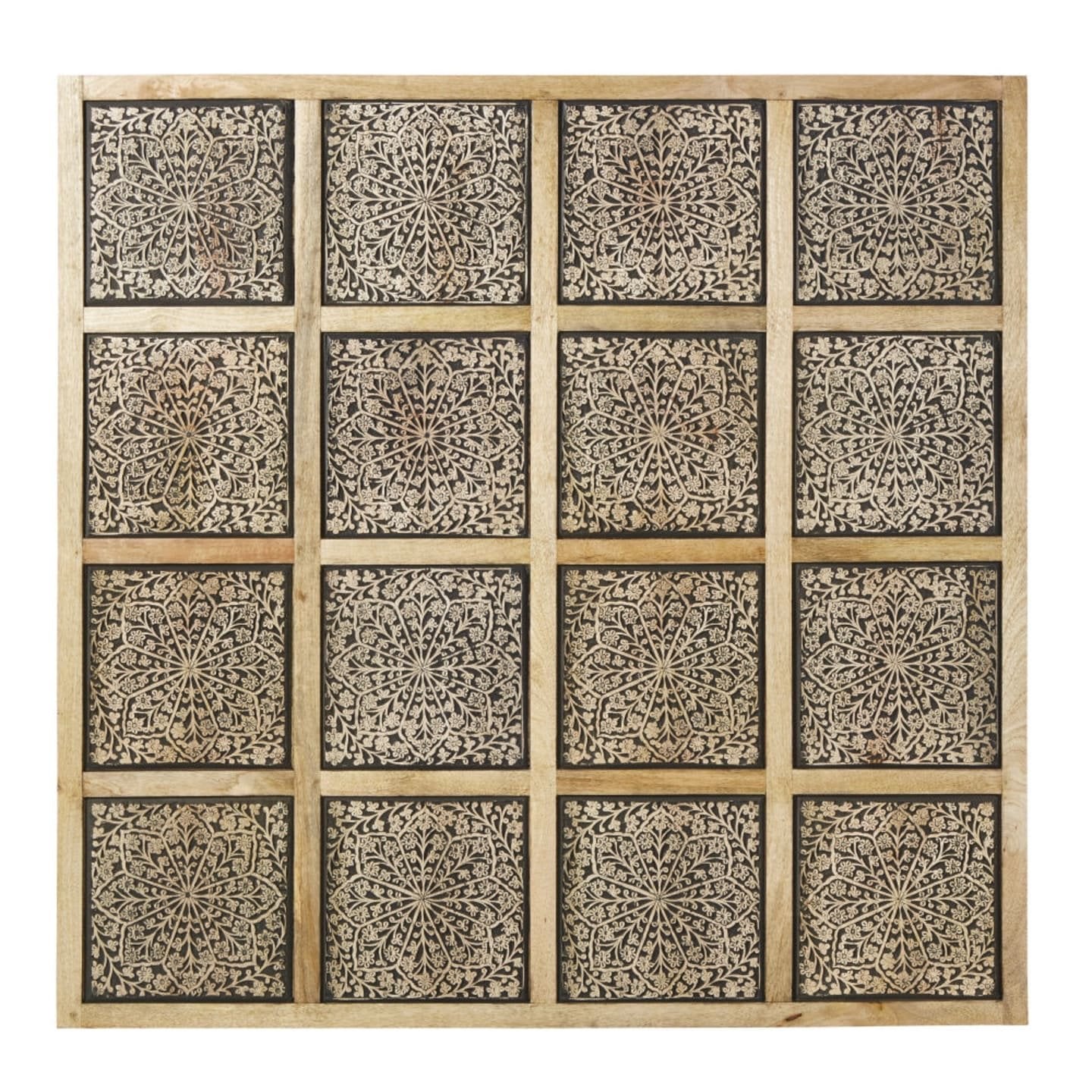 Wandpaneel van zwartgeblakerd, gesneden mangohout, 122x122 c, Ophalen, Oosters, Nieuw, Wandbord of Wandpaneel
