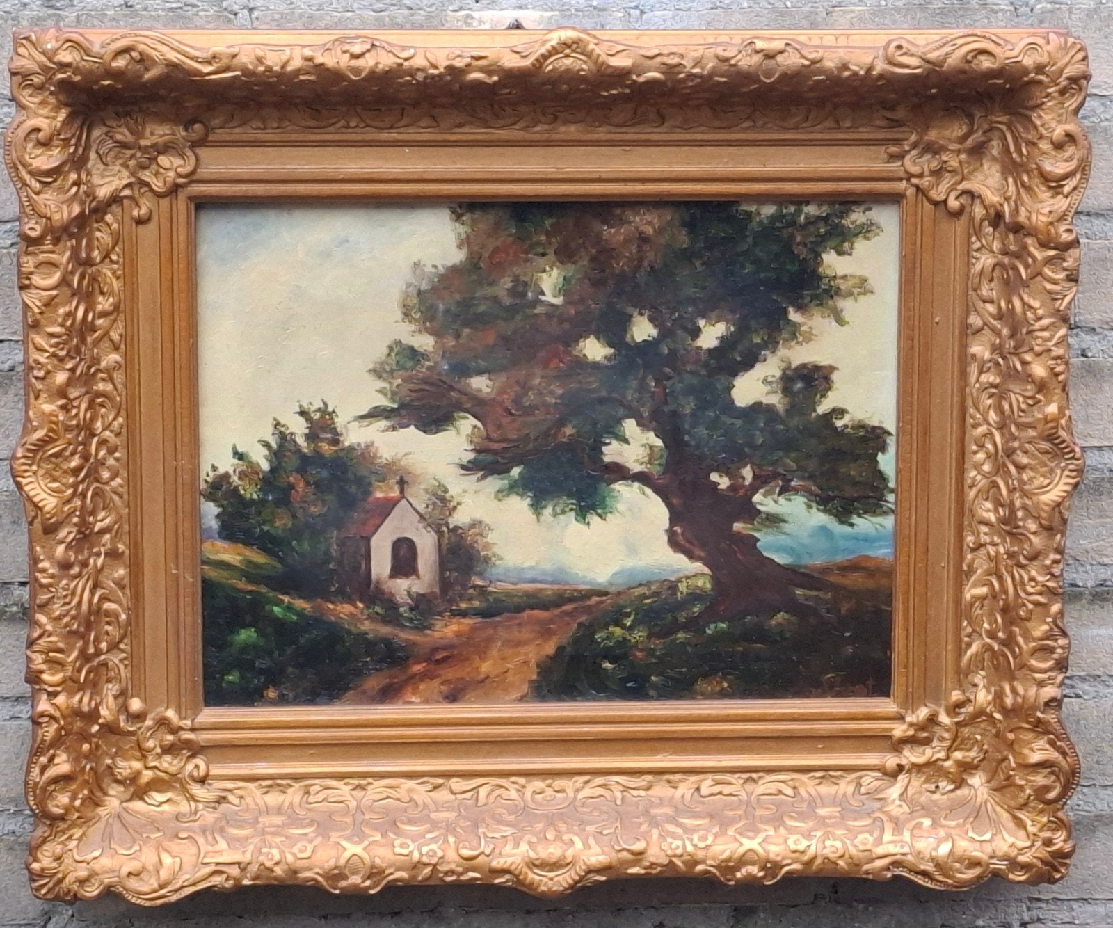Kapelletje aan de bosrand. A.v. Vugt. Ca 1900. 56/46 cm., Antiek en Kunst, Kunst | Schilderijen | Klassiek, Ophalen, Doek, Olieverf