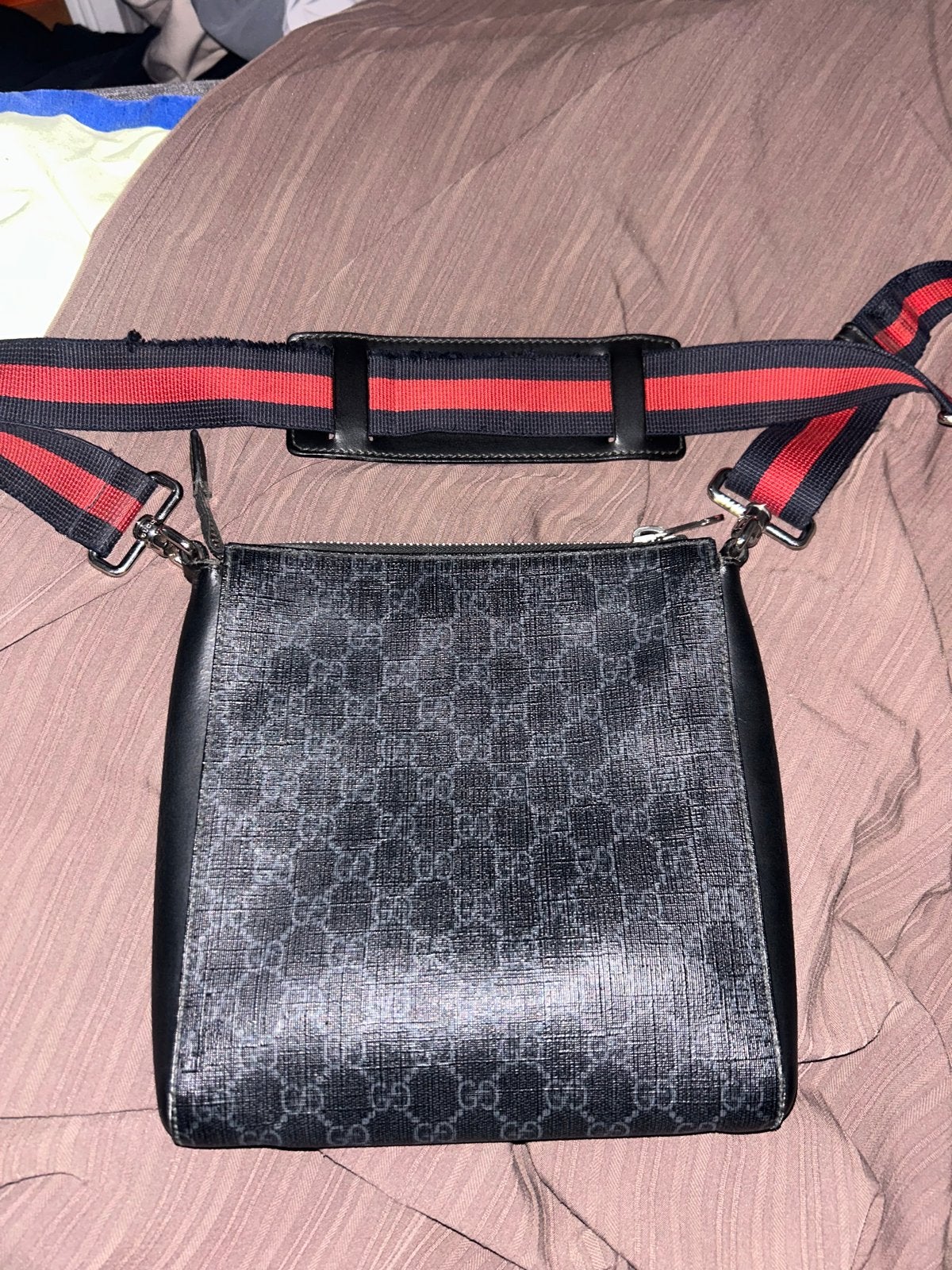 Gucci GG Supreme Messenger Tas Zwart met Rood/Blauwe Band, Overige merken, Gebruikt, Zwart, Ophalen of Verzenden