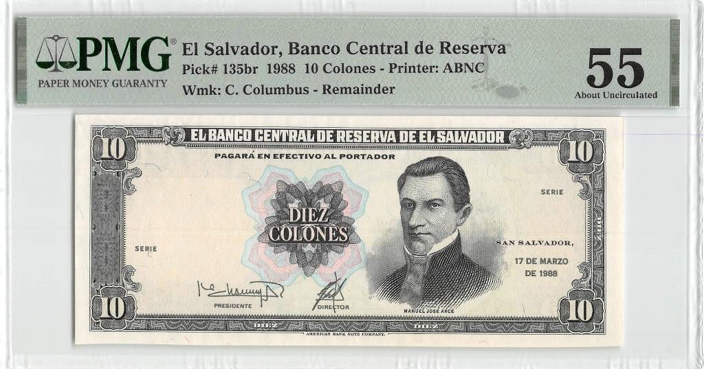 El Salvador 10 Colones 1988 AUnc Proof PMG 55, Ophalen of Verzenden, Midden-Amerika, Los biljet