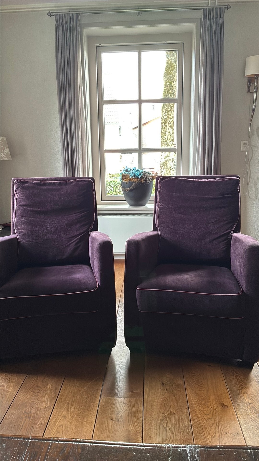 2 aubergine paarse stoelen, Huis en Inrichting, Gebruikt, 75 tot 100 cm, Stof, 50 tot 75 cm