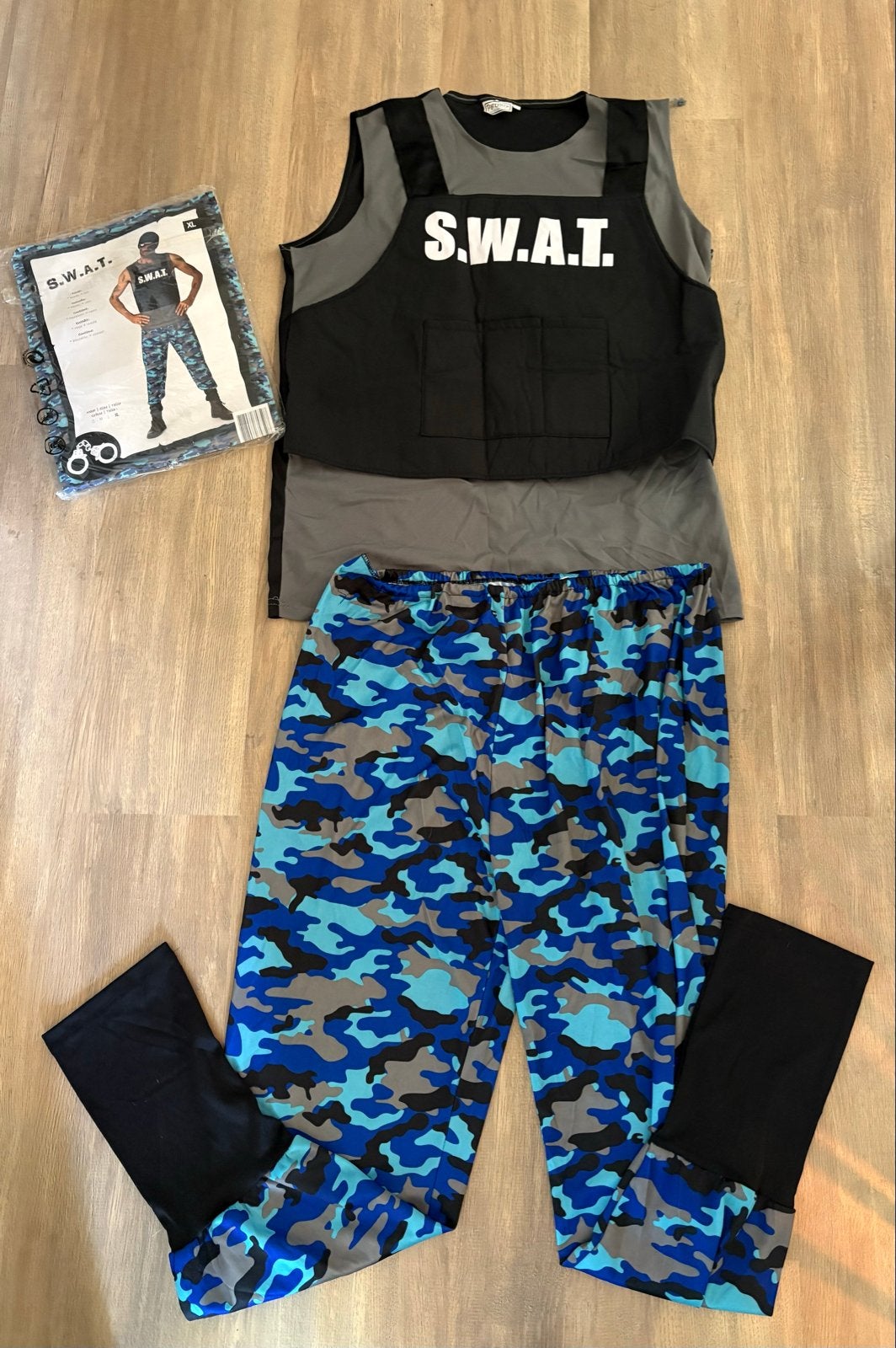 S.W.A.T. kostuum XL - Blauw camouflage, Ophalen, Zo goed als nieuw, Carnaval, Kleding