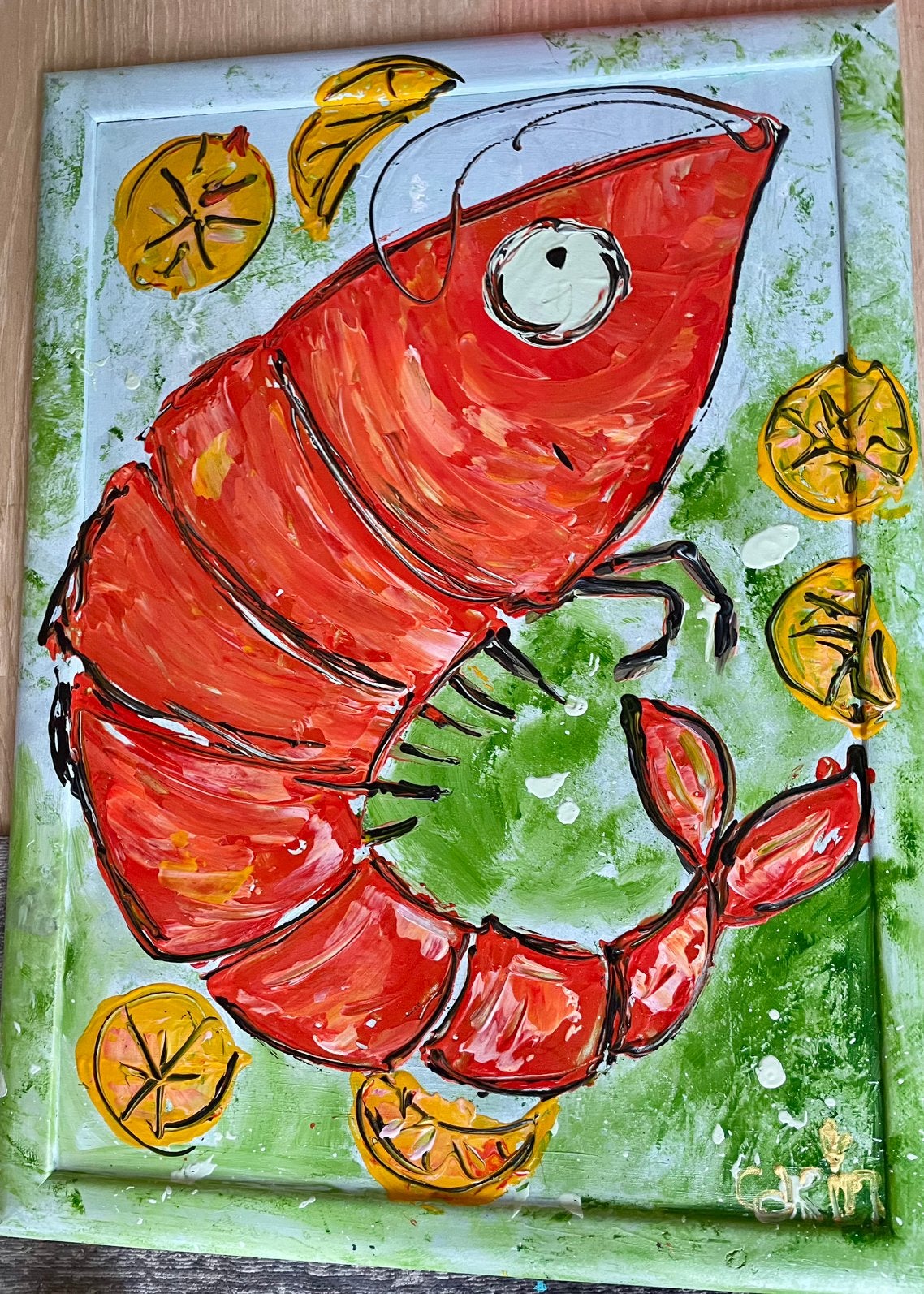 Kleurrijk abstract kreeft schilderij in lijst, Ophalen of Verzenden