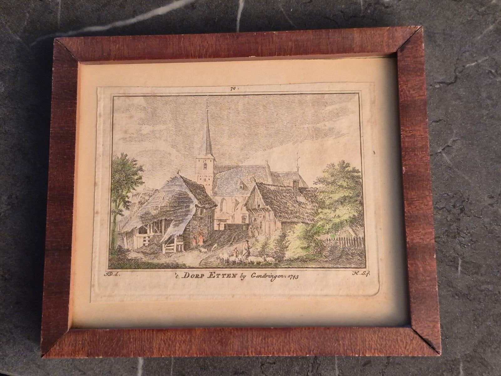 Gravure 't Dorp Etten by Gendringen 1743, Antiek en Kunst, Ets, Stadsgezicht, Ophalen of Verzenden, Handgekleurd