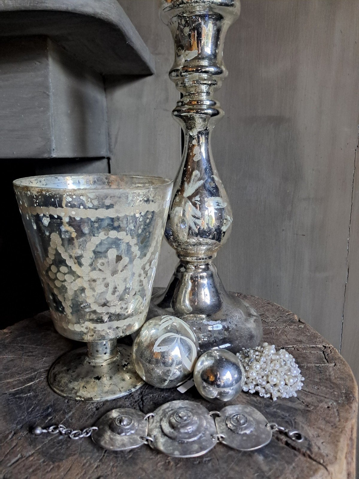 Antiek armeluiszilver, kelk en kandelaar, mooi verweerd!, Antiek en Kunst, Ophalen of Verzenden