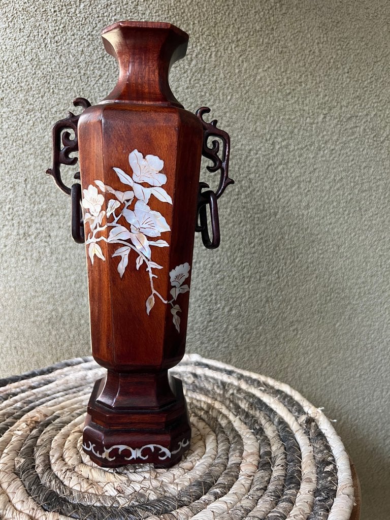 Chinese ingelegde houten mantel vaas chinees aziatisch 28 cm, Ophalen of Verzenden