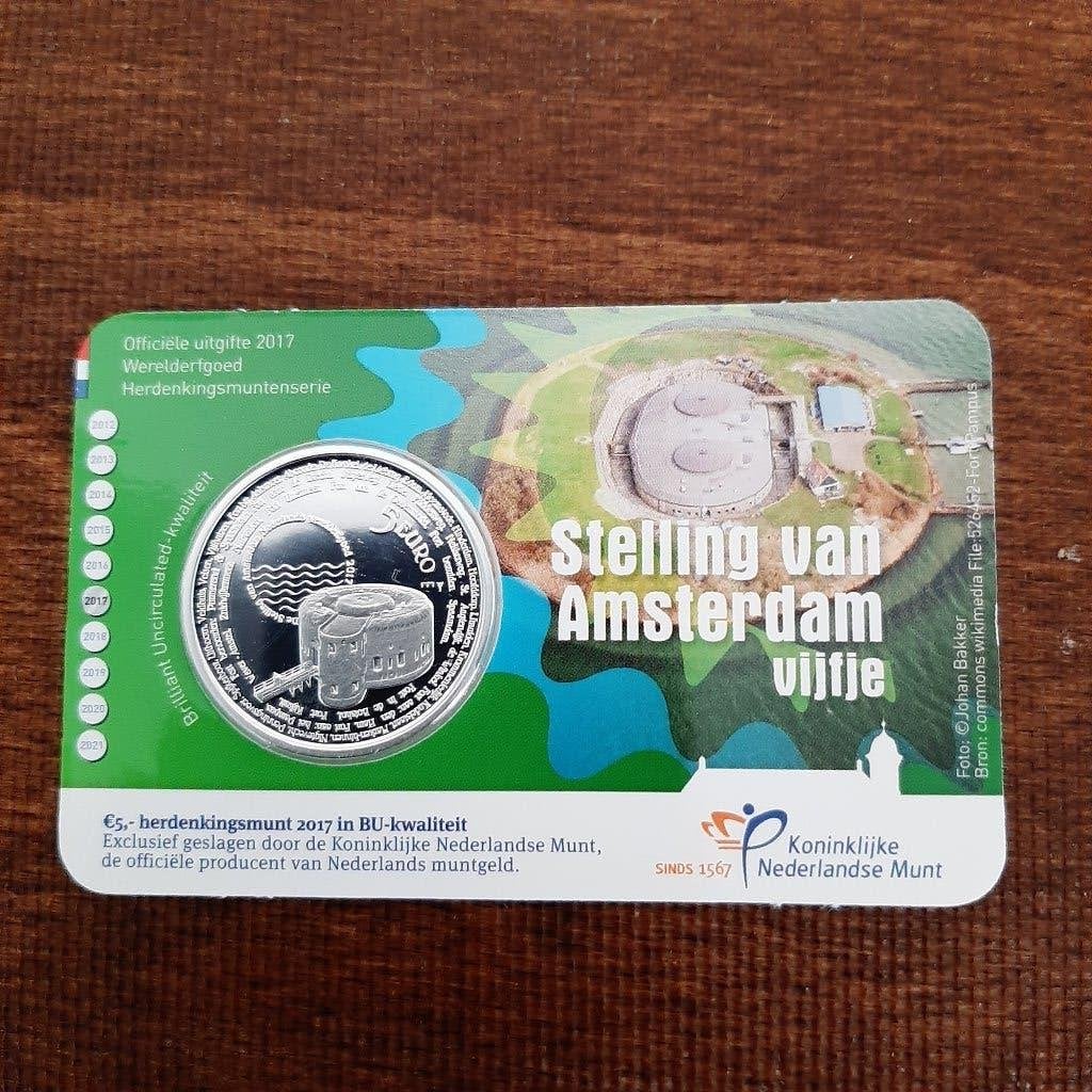 2017 Coincard Stelling van Amsterdam Vijfje (BU)., Ophalen of Verzenden, Overige landen, 5 euro, Setje