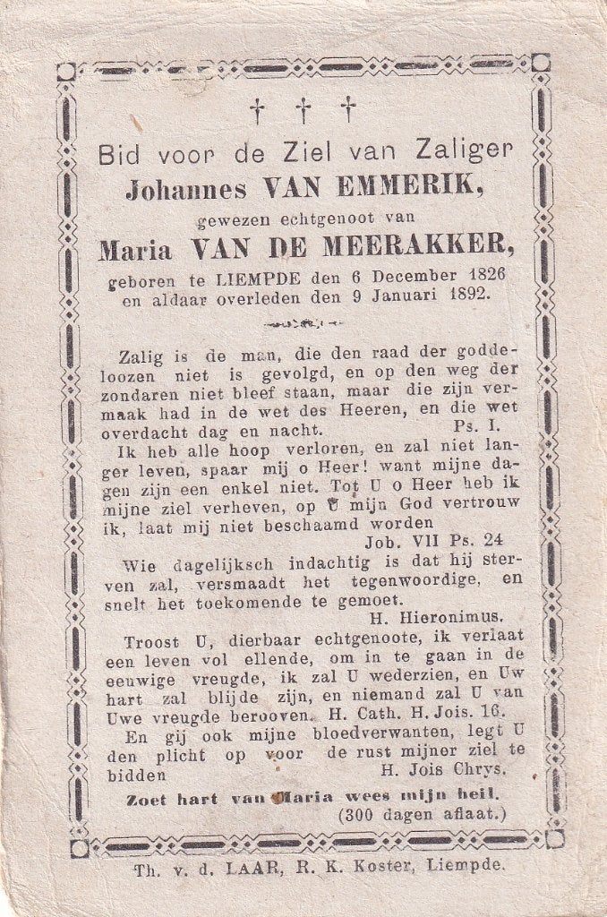 Emmerik Johannes 1826 Liempde 1892, Ophalen of Verzenden, Bidprentje