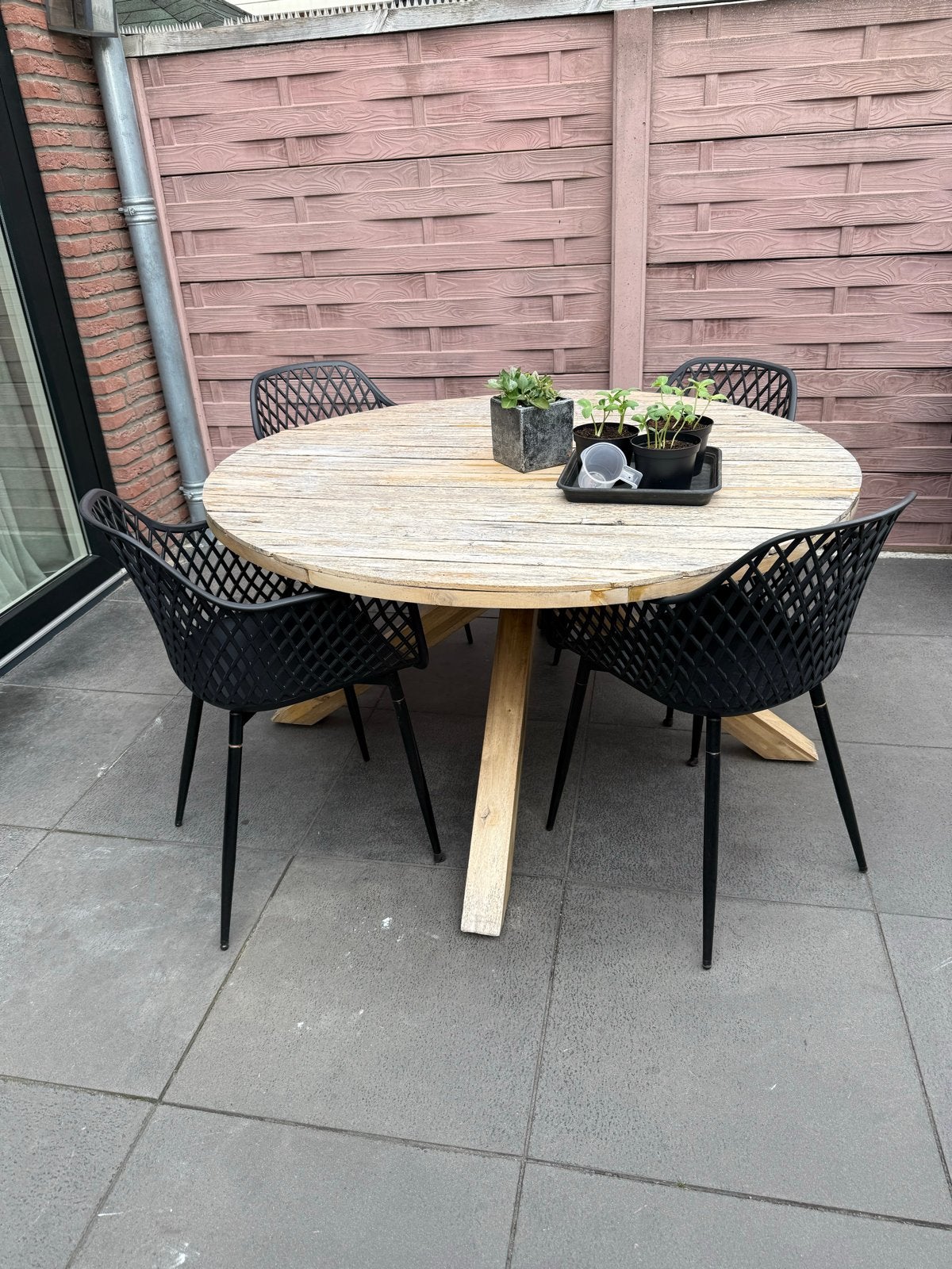 Tuinset: Ronde tafel met 4 stoelen, Tuin en Terras, Tuinsets en Loungesets, Ophalen, 4 zitplaatsen, Gebruikt, Eettafel