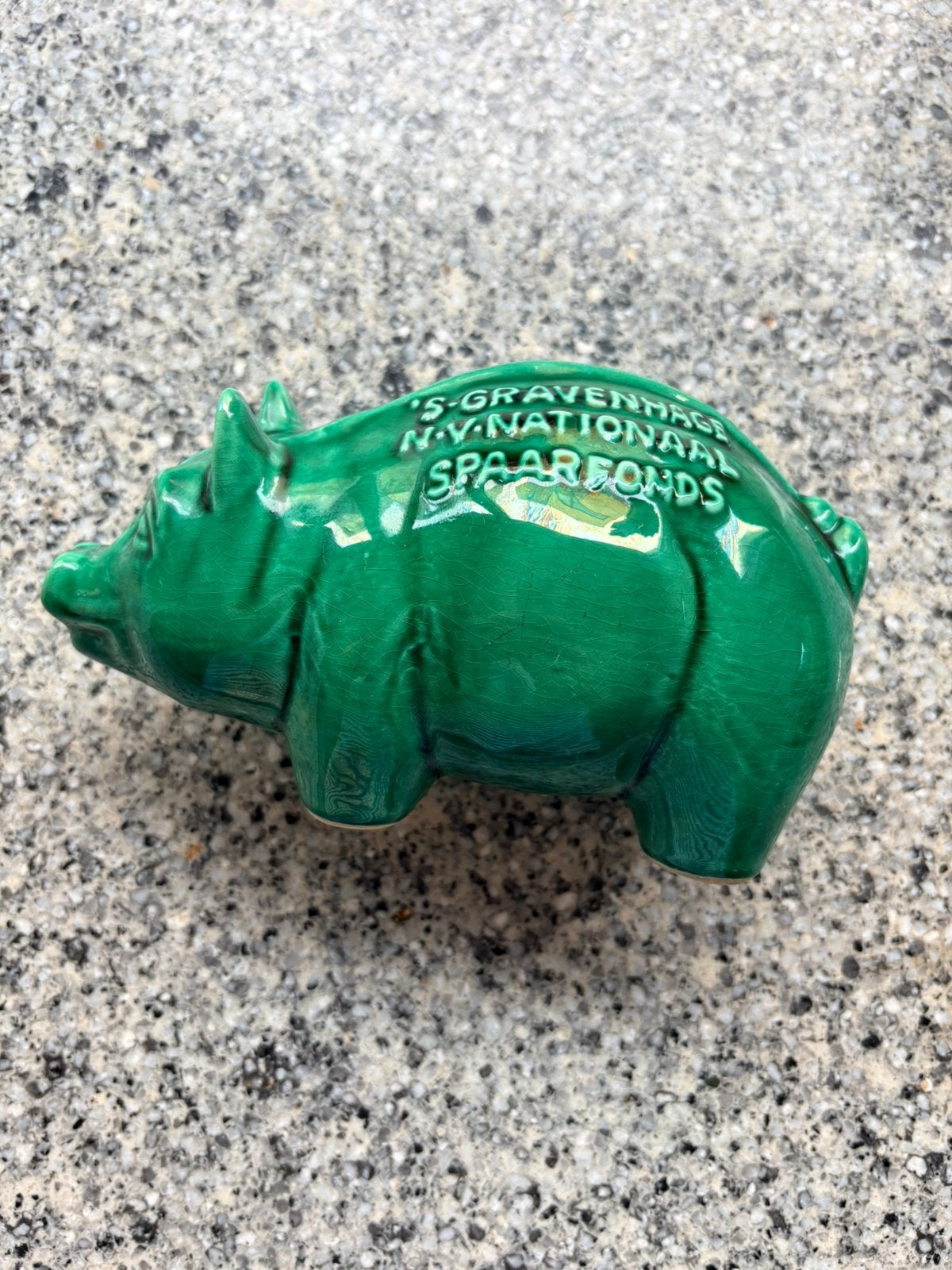 Vintage groen keramieken spaarvarken, Verzamelen, Spaarpotten, Ophalen of Verzenden, Gebruikt, Metaal of Blik, Overige thema's