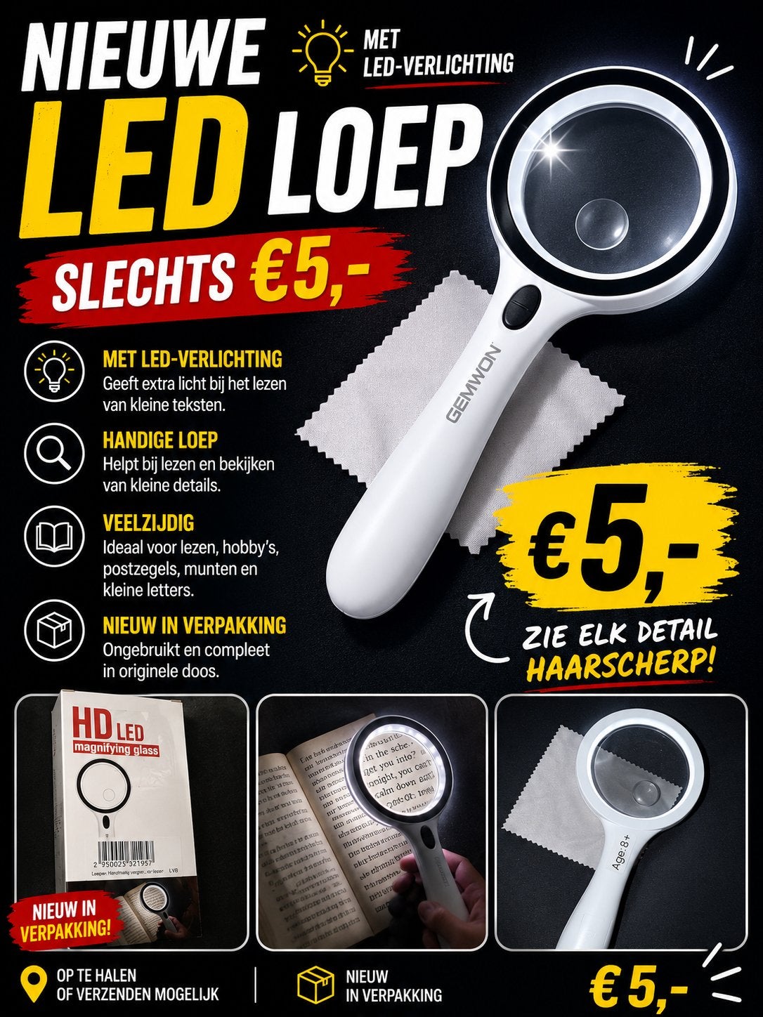 Nieuwe LED Loep - Vergrootglas met Verlichting, Hobby en Vrije tijd, Vergrootglazen, Loepen en Loeplampen, Nieuw, Vergrootglas of Loep