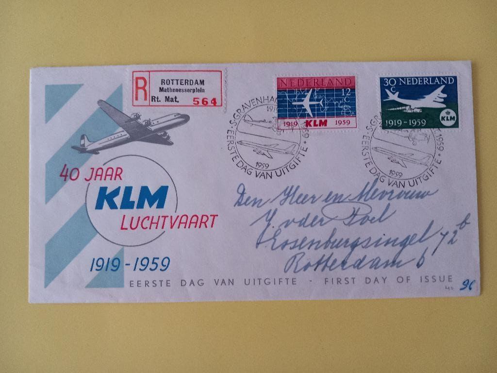1959 KLM FDC E40 met gesloten klep e3, Postzegels en Munten, Postzegels | Eerstedagenveloppen, Verzenden, Beschreven, Nederland