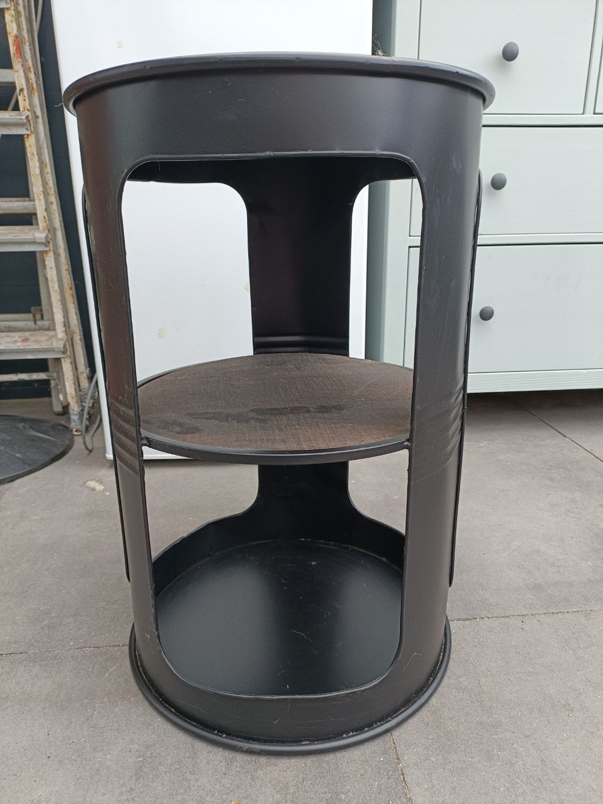 Bijzettafel olievat design - Industrieel interieur, Minder dan 55 cm, Gebruikt, Metaal of Aluminium, Rond
