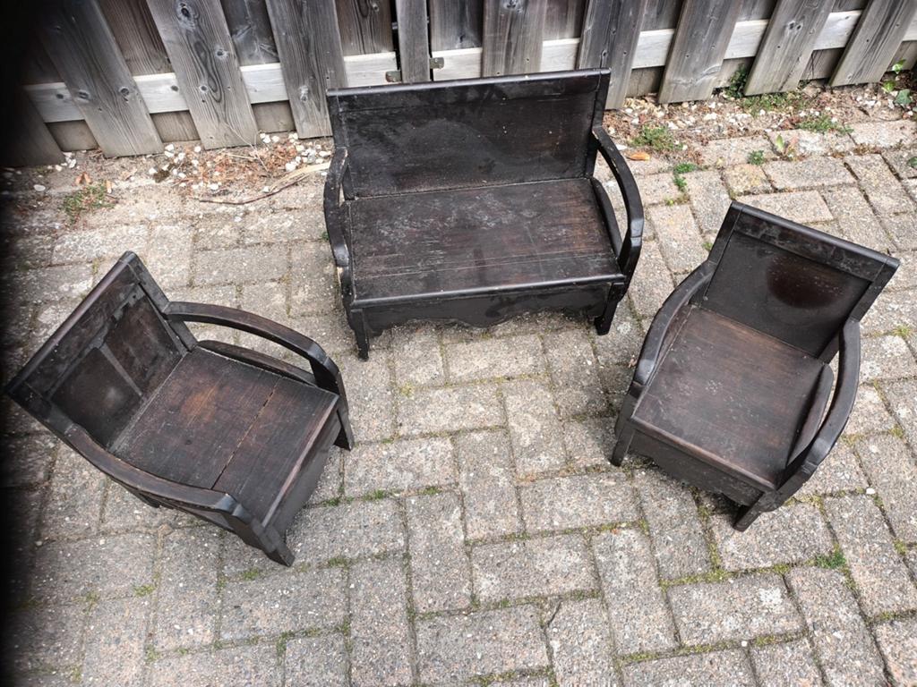 Antieke houten kinderbank en twee stoeltjes, Ophalen of Verzenden