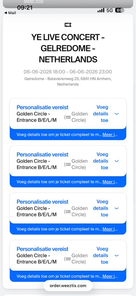 4 kaarten Kanye West Golden Circle 6 Juni, Tickets en Kaartjes, Twee personen, Vliegtuig, Met bestemming of datum