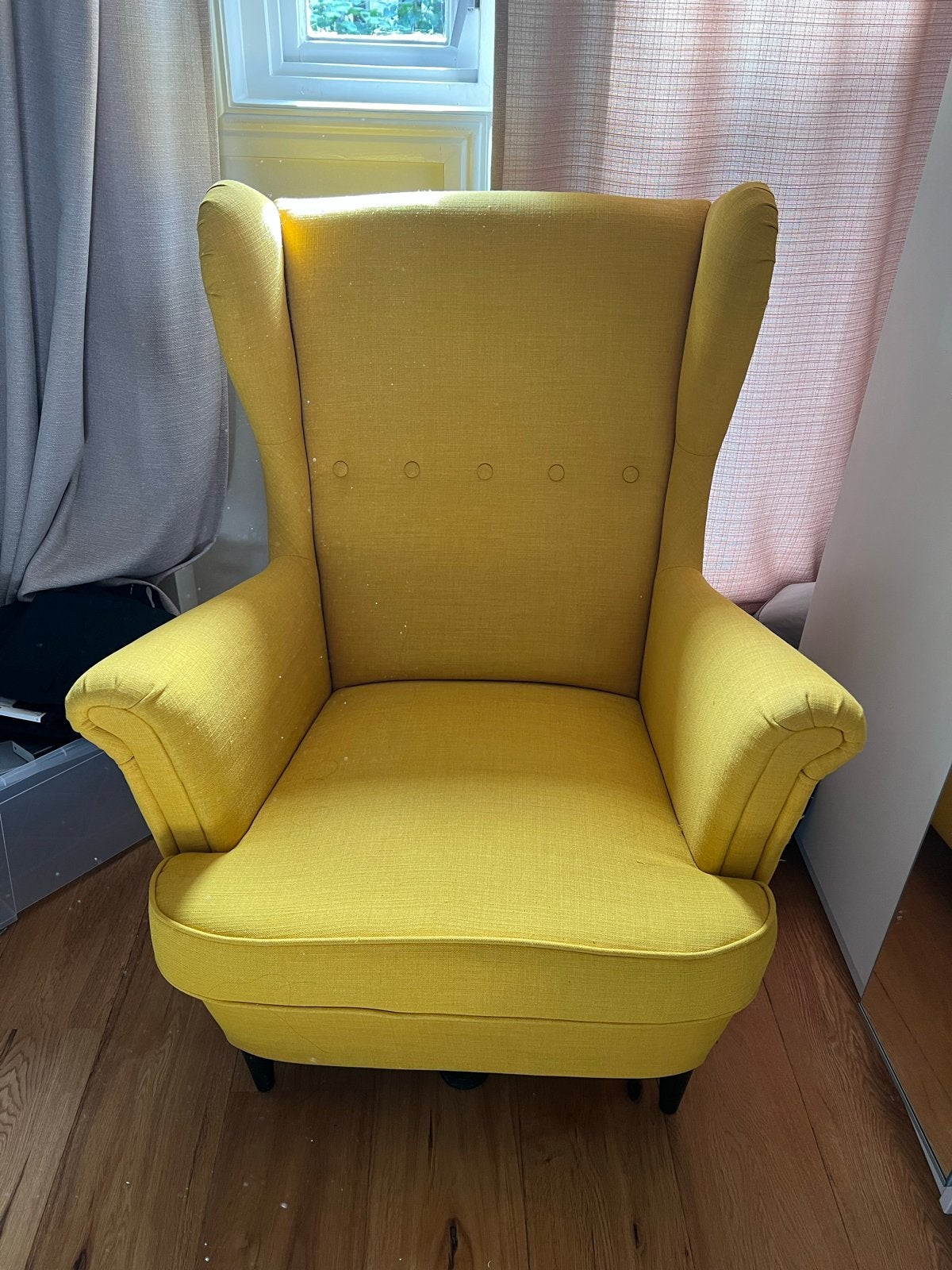 IKEA STRANDMON FAUTEUIL STOEL LOUNGE GEEL, Ophalen, Gebruikt, Stof, 75 tot 100 cm