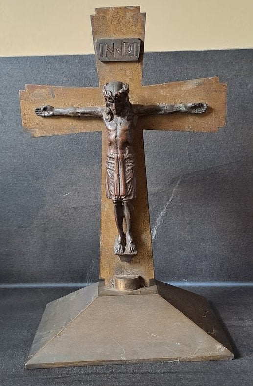 Antiek bronzen crucifix met Christusbeeld. Jezus, Antiek en Kunst, Ophalen of Verzenden