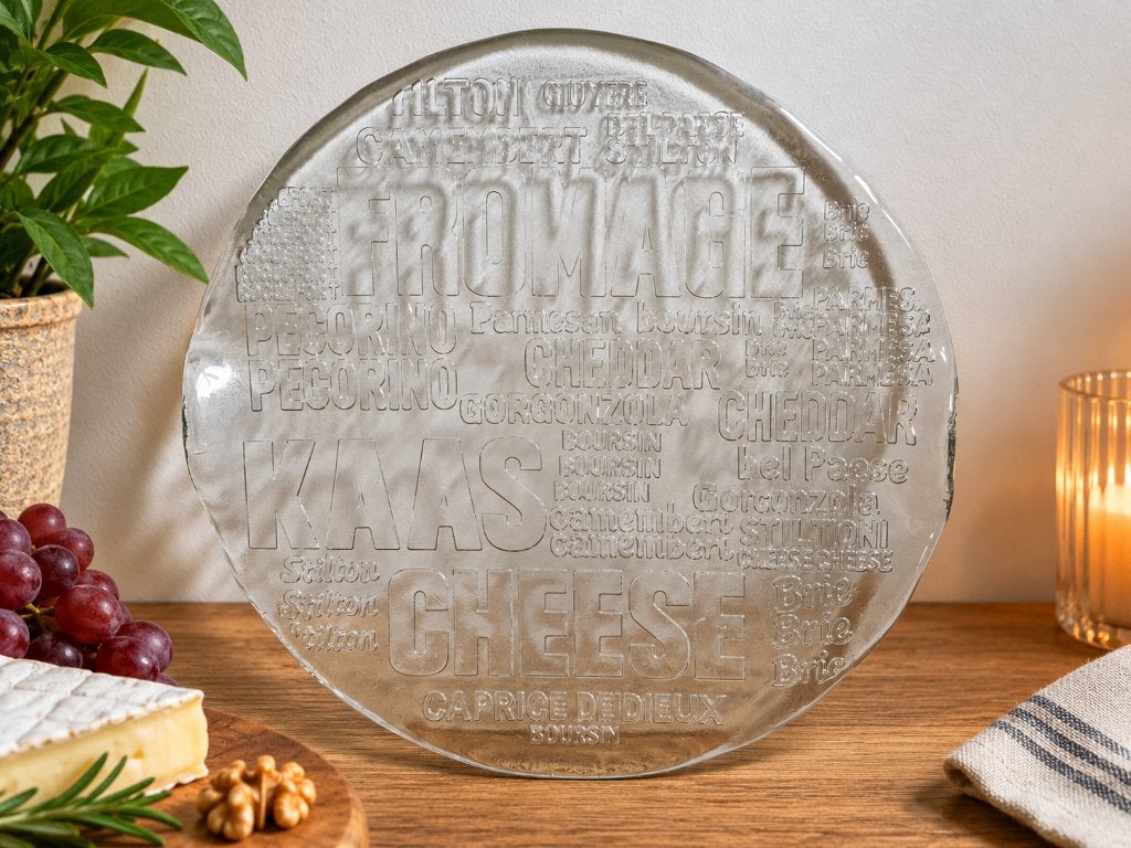 Vintage glazen kaasplank Franse kaasnamen retro, Snij-/serveerplank, Ophalen of Verzenden, Zo goed als nieuw, Glas