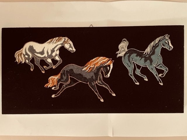 Vintage wanddoek paarden in galop. Applicatie borduurwerk, Ophalen, 24 cm, Meerkleurig, 50 cm